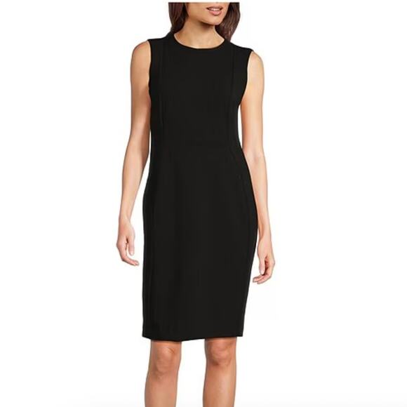 Calvin Klein Sleeveless Seam Front Scuba Crepe Crew Neck Sheath Dress Black Sz 8 - Picture 1 of 12